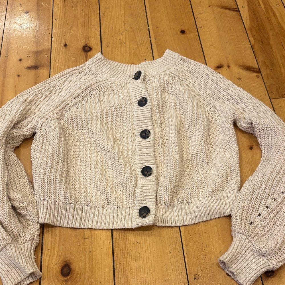 525 America Cream Cropped Button-Front Ribbed Cardigan